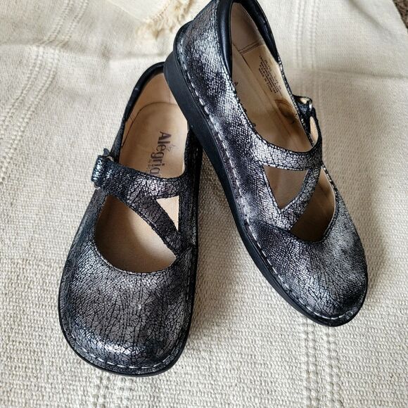 ALEGRIA DAYNA ICE ICE BABY leather clogs METALLIC SILVER BLACK Size 6.5 36 - Picture 2 of 7